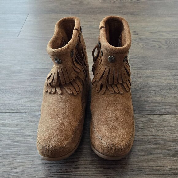 NEW Minnetonka Dusty Brown Double Fringe Side Zip Booties Boots Size 8 - Picture 7 of 13
